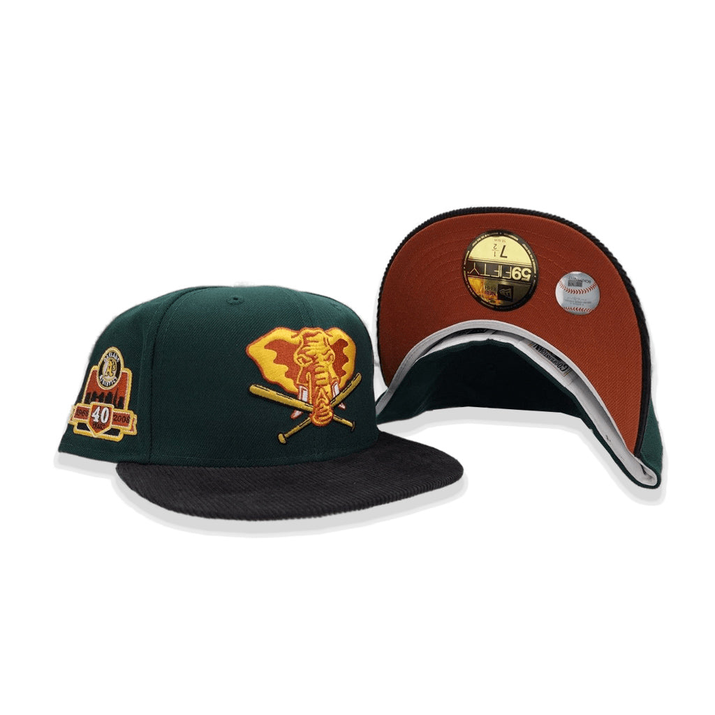 Dark Green Oakland Athletics Black Corduroy Visor Rust Bottom 40th Anniversary Side Patch New Era 59Fifty Fitted