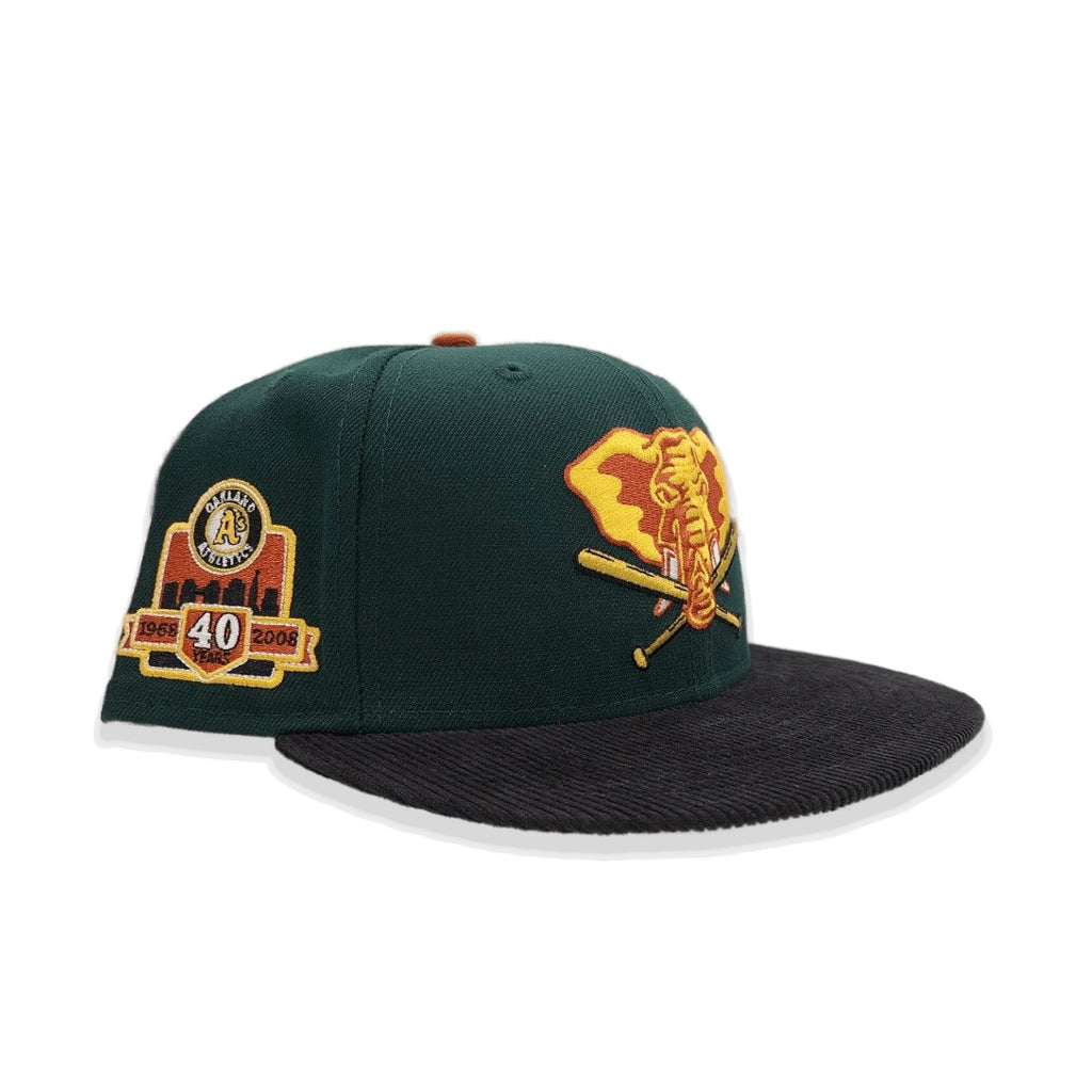 Dark Green Oakland Athletics Black Corduroy Visor Rust Bottom 40th Anniversary Side Patch New Era 59Fifty Fitted