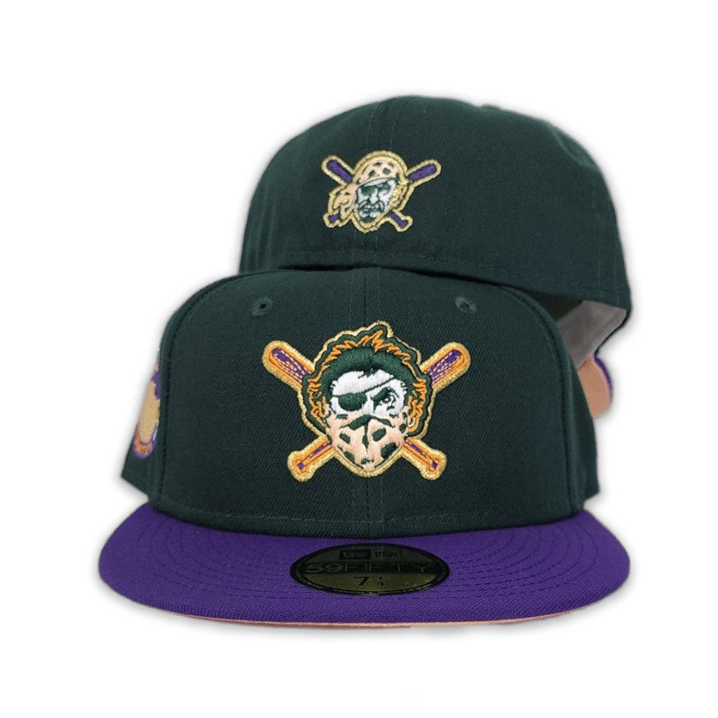 Dark Green Pittsburgh Pirates Purple Visor Peach Bottom Pirates Flag Side Patch New Era 59Fifty Fitted