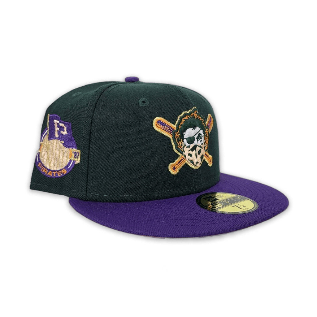 Dark Green Pittsburgh Pirates Purple Visor Peach Bottom Pirates Flag Side Patch New Era 59Fifty Fitted