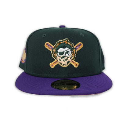 Dark Green Pittsburgh Pirates Purple Visor Peach Bottom Pirates Flag Side Patch New Era 59Fifty Fitted