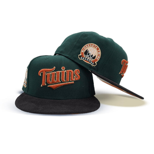 Dark Green Script Minnesota Twins Black Corduroy Visor Rust Bottom 60th Anniversary Side Patch New Era 59Fifty Fitted