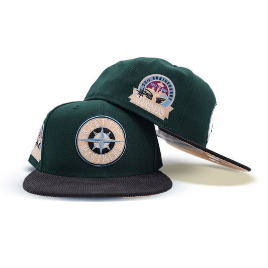 Dark Green Seattle Mariners Black Corduroy Visor Peach Bottom 30th Anniversary Side Patch New Era 59Fifty Fitted