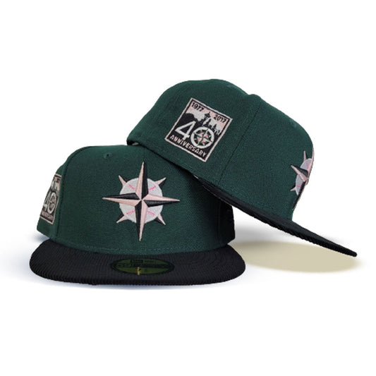 Dark Green Seattle Mariners Black Corduroy Visor Pink Bottom 40th Anniversary New Era 59Fifty Fitted