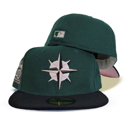 Dark Green Seattle Mariners Black Corduroy Visor Pink Bottom 40th Anniversary New Era 59Fifty Fitted