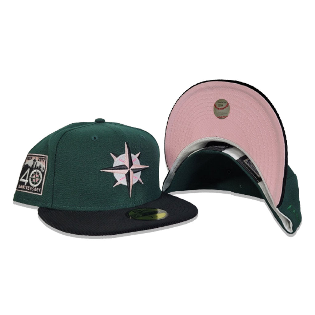 Dark Green Seattle Mariners Black Corduroy Visor Pink Bottom 40th Anniversary New Era 59Fifty Fitted