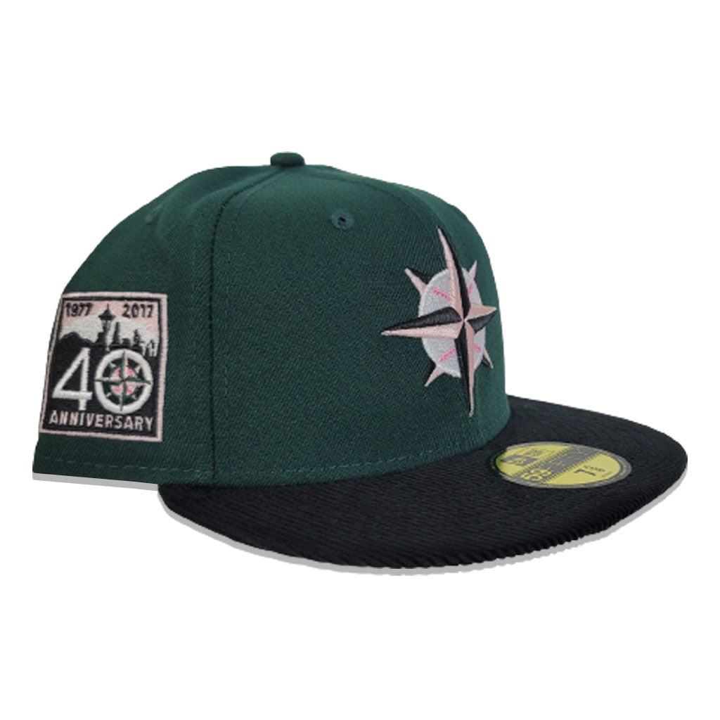 Dark Green Seattle Mariners Black Corduroy Visor Pink Bottom 40th Anniversary New Era 59Fifty Fitted