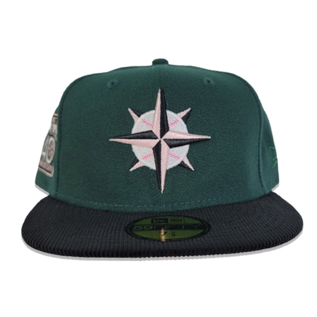 Dark Green Seattle Mariners Black Corduroy Visor Pink Bottom 40th Anniversary New Era 59Fifty Fitted