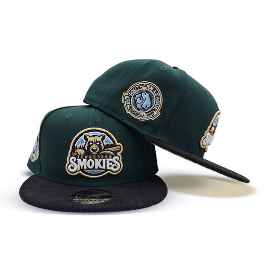 Dark Green Tennessee Smokies Black Corduroy Visor Vegas Gold Bottom Southern League Side Patch New Era 9Fifty Snapback