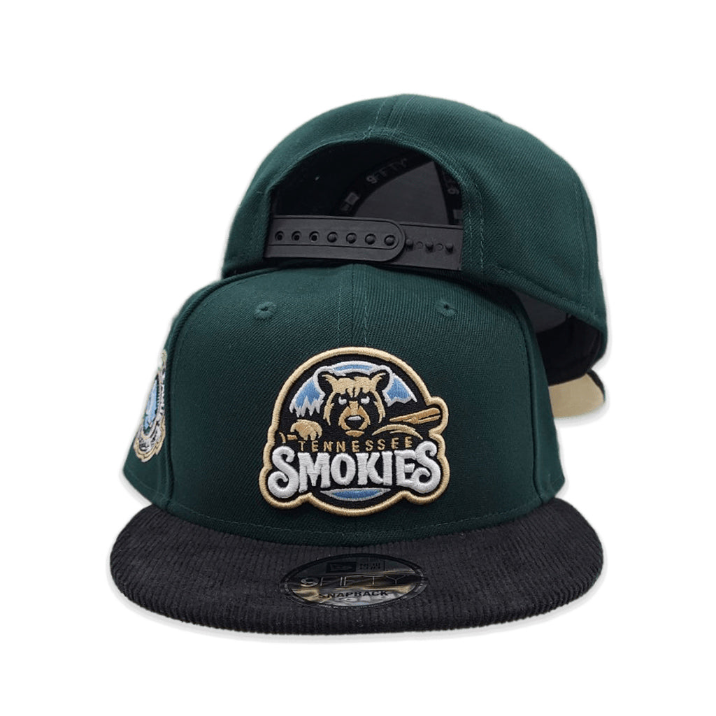 Dark Green Tennessee Smokies Black Corduroy Visor Vegas Gold Bottom Southern League Side Patch New Era 9Fifty Snapback