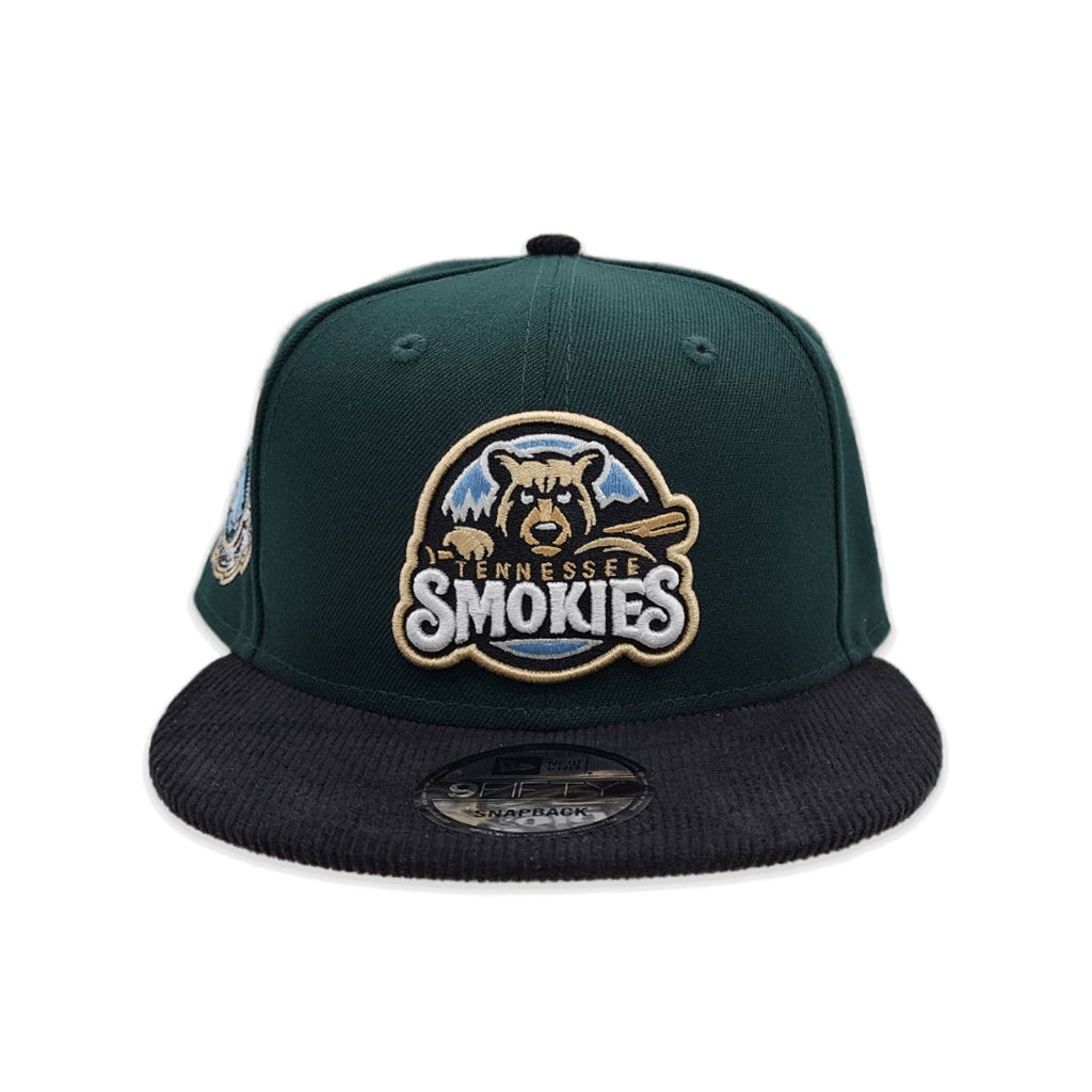 Dark Green Tennessee Smokies Black Corduroy Visor Vegas Gold Bottom Southern League Side Patch New Era 9Fifty Snapback