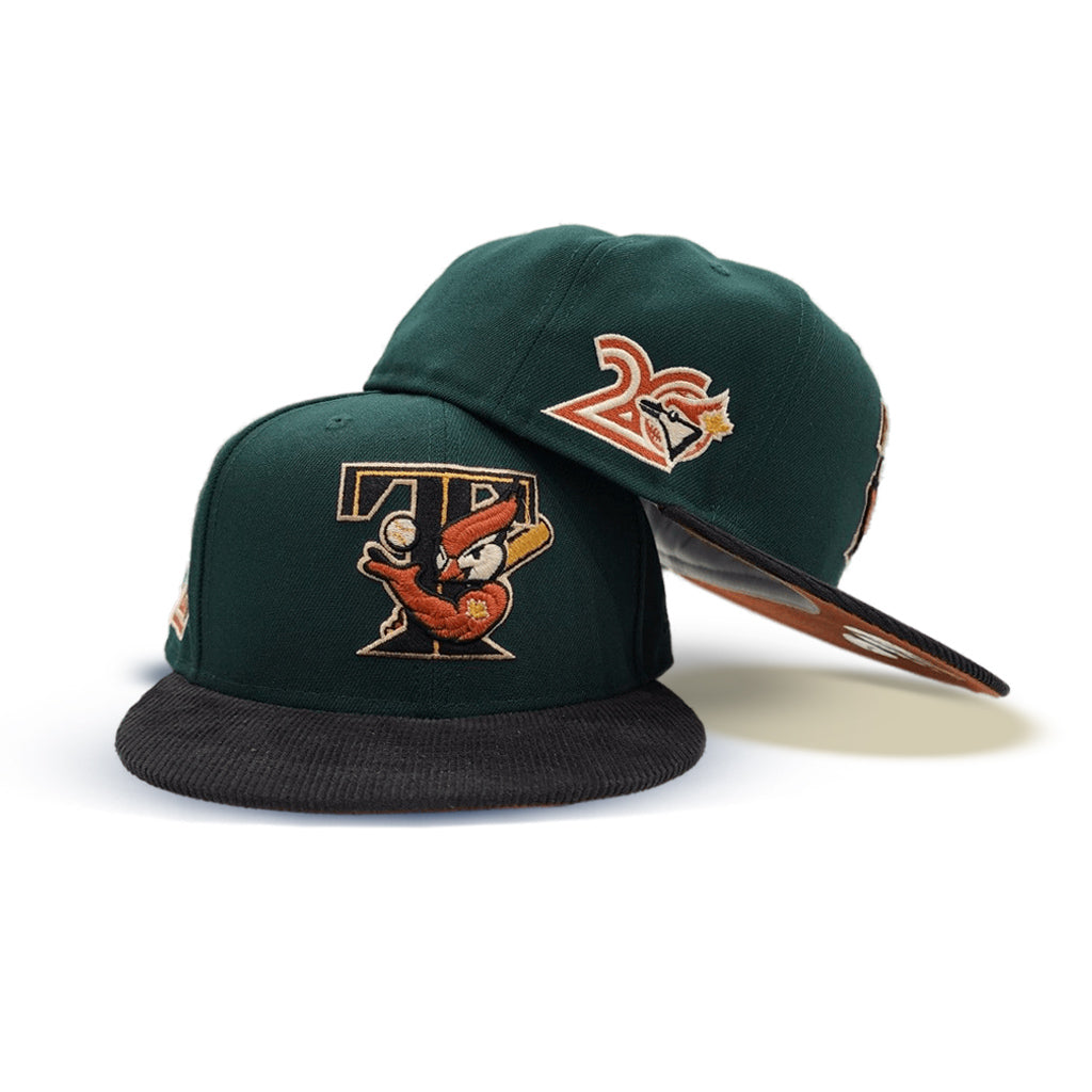 Dark Green Toronto Blue Jays Black Corduroy Visor Rust Bottom 20th Anniversary Side Patch New Era 59Fifty Fitted