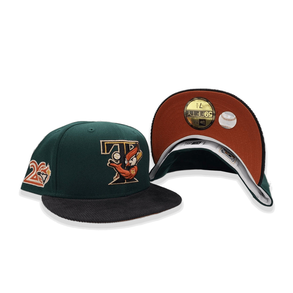 Dark Green Toronto Blue Jays Black Corduroy Visor Rust Bottom 20th Anniversary Side Patch New Era 59Fifty Fitted