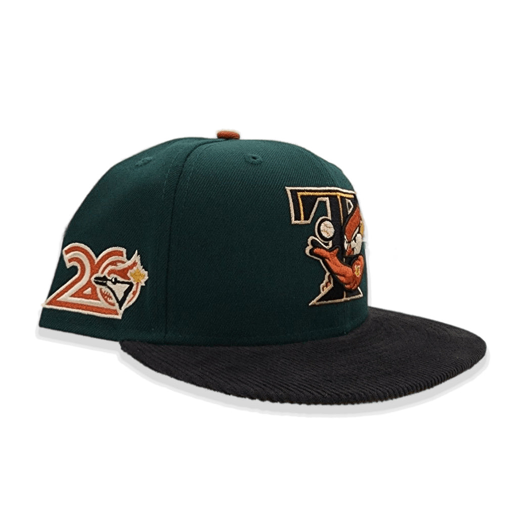 Dark Green Toronto Blue Jays Black Corduroy Visor Rust Bottom 20th Anniversary Side Patch New Era 59Fifty Fitted