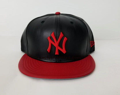 Exclusive New Era 59Fifty Black / Red PU Leather Yankee Fitted Hat Cap