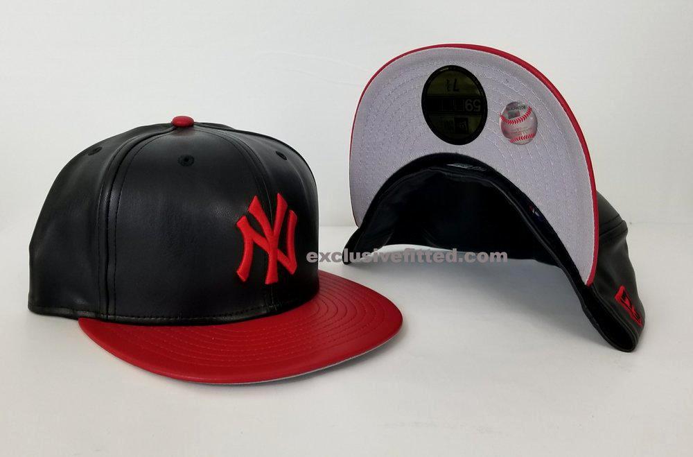 Exclusive New Era 59Fifty Black / Red PU Leather Yankee Fitted Hat Cap