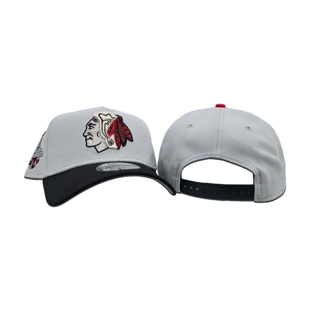 Gray Chicago Blackhawks Black Curved Brim Gray Bottom 2015 Stanley Cup Champions Side Patch New Era A-Frame 9Forty Snapback