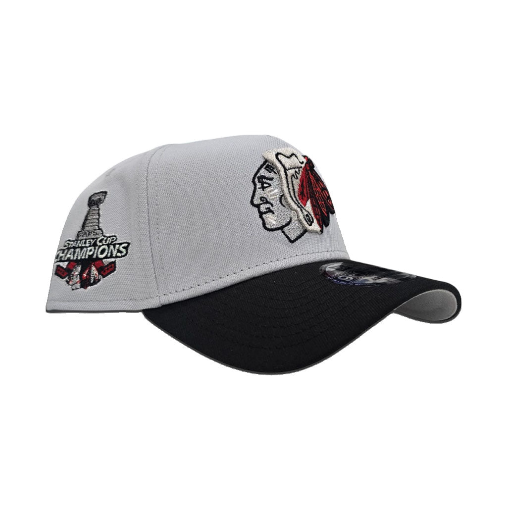 Gray Chicago Blackhawks Black Curved Brim Gray Bottom 2015 Stanley Cup Champions Side Patch New Era A-Frame 9Forty Snapback