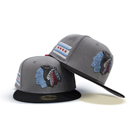 Storm Gray Chicago Blackhawks Black Visor Gray Bottom Chicago Flag Side Patch New Era 59Fifty Fitted