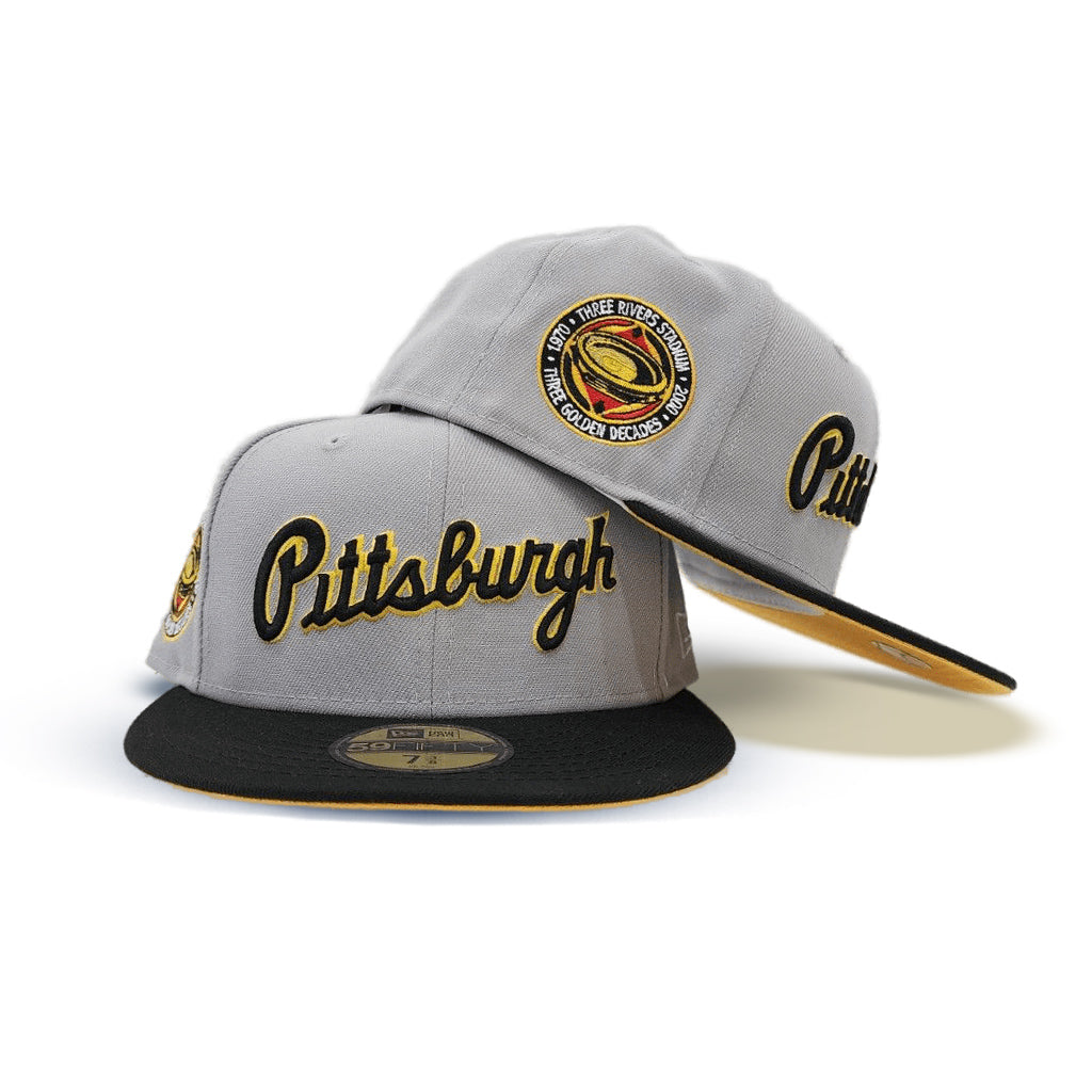 Gray Scrip Pittsburgh Pirates Black Visor Yellow Bottom Three Rivers Stadium Side Patch New Era 59Fifty Fitted