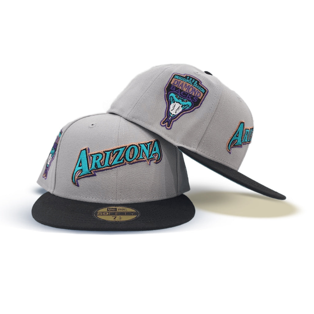 Gray Script Arizona Diamondbacks Black Visor Teal Bottom 1998 Inaugural Season Side Patch New Era 59Fifty Fitted