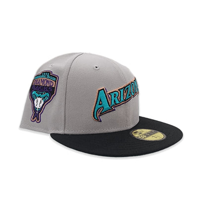 Gray Script Arizona Diamondbacks Black Visor Teal Bottom 1998 Inaugural Season Side Patch New Era 59Fifty Fitted