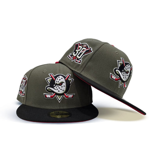 Olive Green Anaheim Mighty Ducks Black Visor Gray Bottom 30th Anniversary Side Patch New Era 59Fifty Fitted