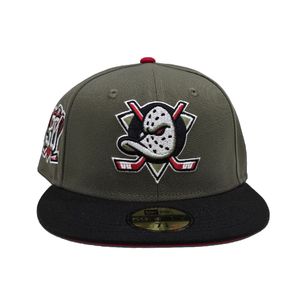 Olive Green Anaheim Mighty Ducks Black Visor Gray Bottom 30th Anniversary Side Patch New Era 59Fifty Fitted
