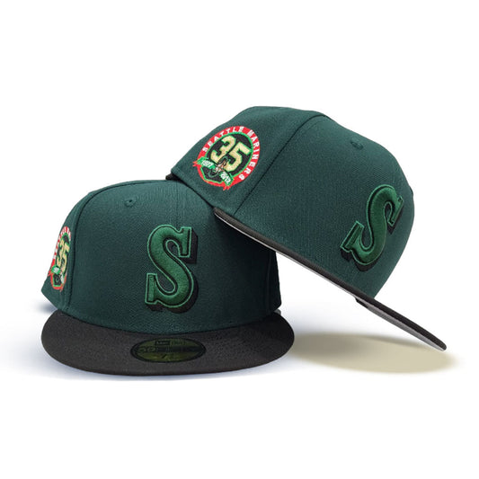 Dark Green Seattle Mariners Black Visor Gray Bottom 35th Anniversary Side Patch New Era 59Fifty Fitted