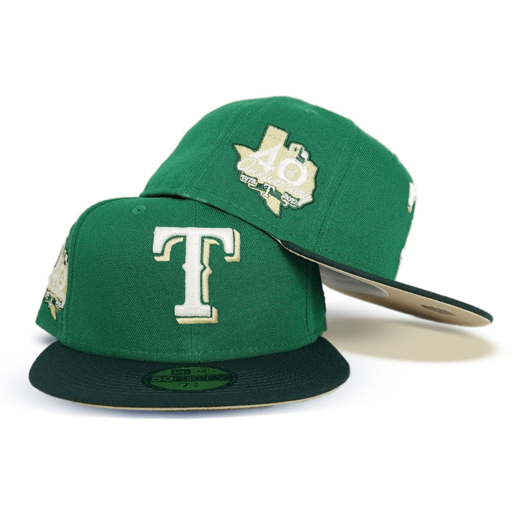 Kelly Green Texas Rangers Forest Green Visor Vegas Gold Bottom 40th Anniversary Side Patch New Era 59Fifty Fitted