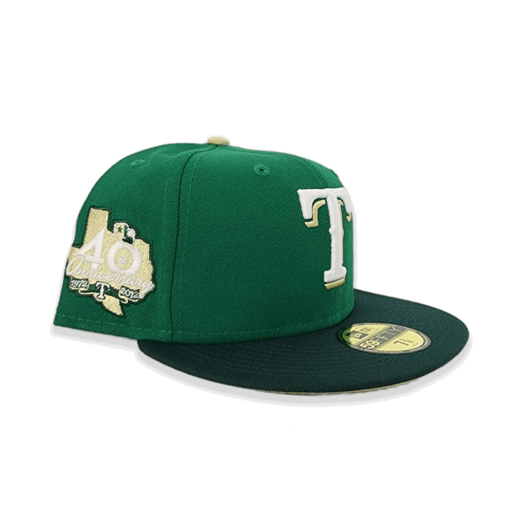 Kelly Green Texas Rangers Forest Green Visor Vegas Gold Bottom 40th Anniversary Side Patch New Era 59Fifty Fitted