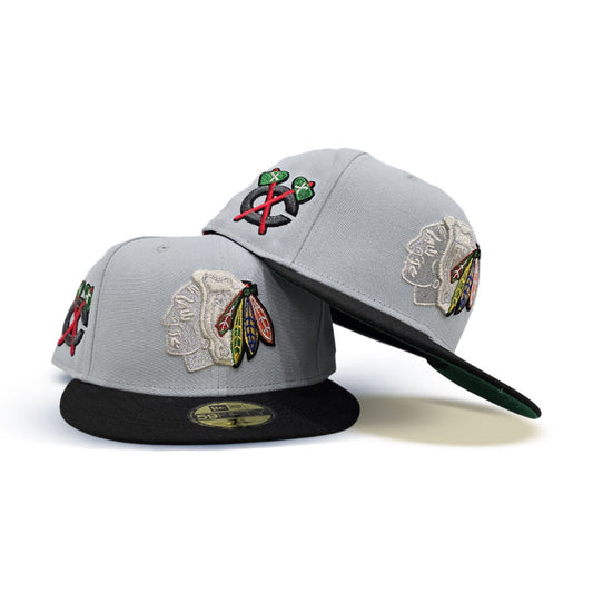 Snow Gray Chicago Blackhawks Black Visor Green Bottom Chicago Side Patch New Era 59Fifty Fitted