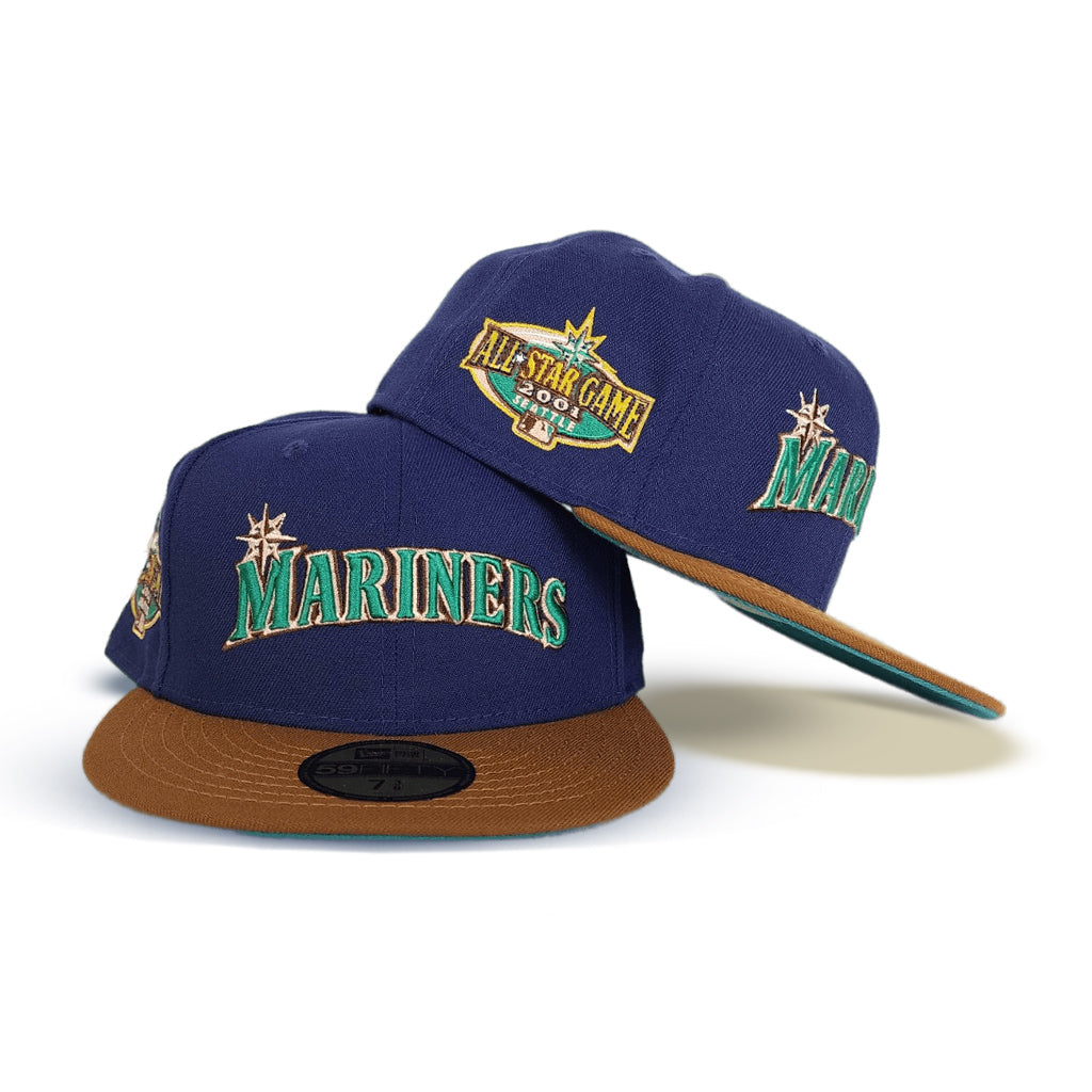 Light Navy Script Seattle Mariners Toast Visor Aqua Bottom 2001 All Star Game Side Patch New Era 59Fifty Fitted