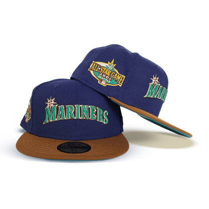 Light Navy Script Seattle Mariners Toast Visor Aqua Bottom 2001 All Star Game Side Patch New Era 59Fifty Fitted