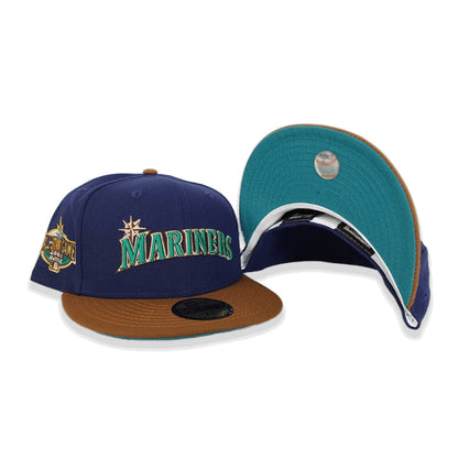 Light Navy Script Seattle Mariners Toast Visor Aqua Bottom 2001 All Star Game Side Patch New Era 59Fifty Fitted