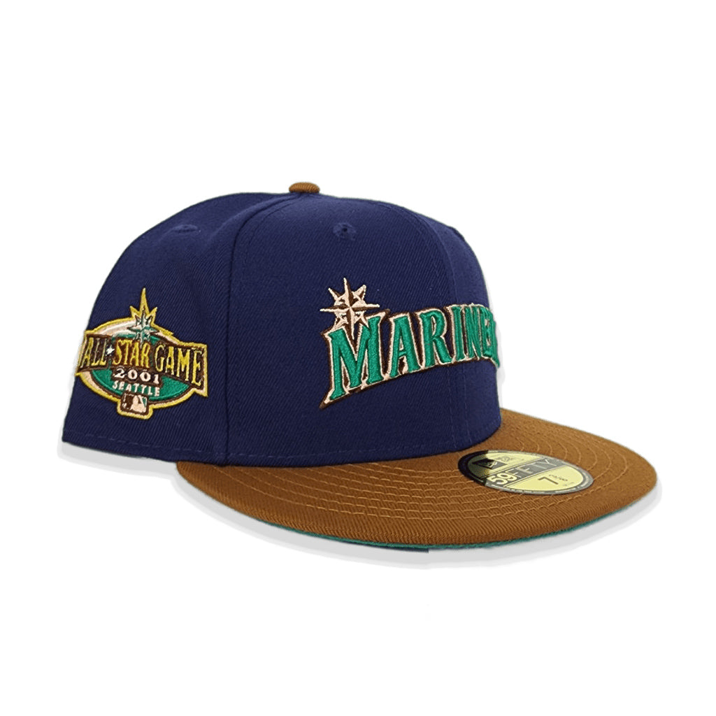 Light Navy Script Seattle Mariners Toast Visor Aqua Bottom 2001 All Star Game Side Patch New Era 59Fifty Fitted
