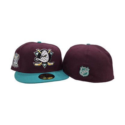 Maroon Anaheim Mighty Ducks Teal Visor Gray Bottom 30th Anniversary Side Patch New Era 59Fifty Fitted