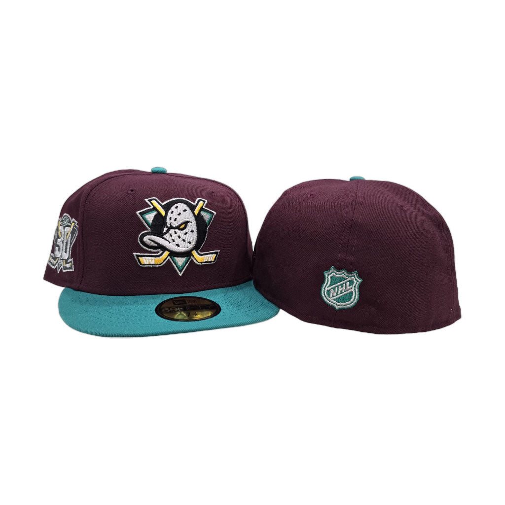Maroon Anaheim Mighty Ducks Teal Visor Gray Bottom 30th Anniversary Side Patch New Era 59Fifty Fitted