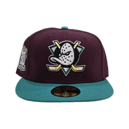 Maroon Anaheim Mighty Ducks Teal Visor Gray Bottom 30th Anniversary Side Patch New Era 59Fifty Fitted
