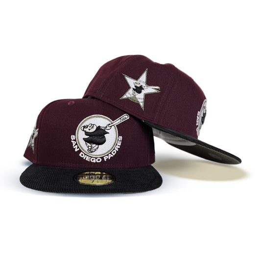 Maroon San Diego Padres Black Corduroy Visor Olive Green Bottom 1978 All Star Game Side Patch New Era 59Fifty Fitted