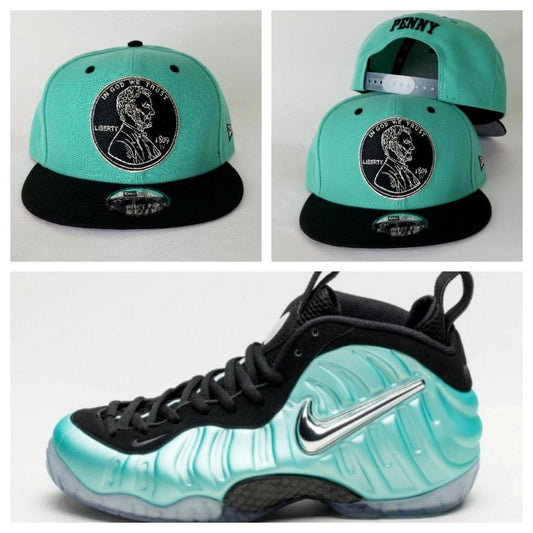 Matching New Era Penny 1\xc2\xa2 One Cent Snapback Hat For Air Foamposite One "Island Green"
