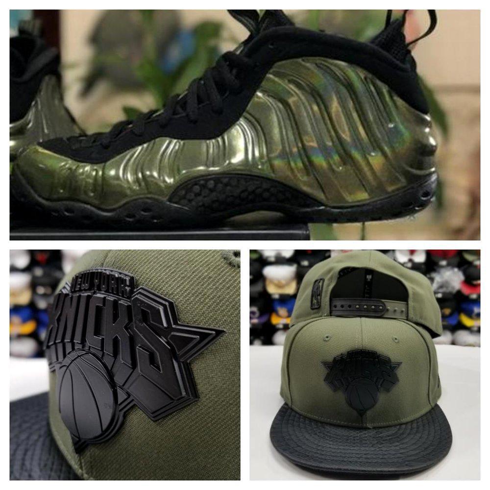 Matching New york Knicks Black Metal Badge New Era Snapback hat For Nike Air Foamposite Legion Green / Black