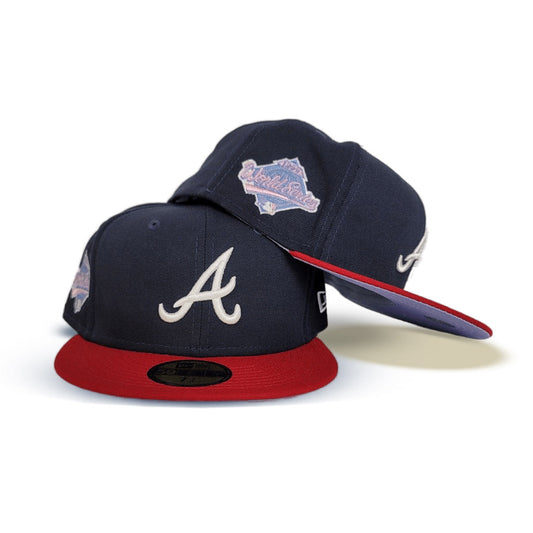 Navy Blue Atlanta Braves Red Visor Lavender Bottom 1995 World Series New Era 59Fifty Pop Sweat Fitted