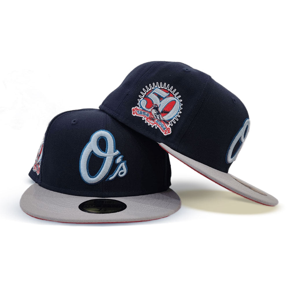 Navy Blue Baltimore Orioles Gray Visor Red Bottom 50th Anniversary Side Patch New Era 59Fifty Fitted