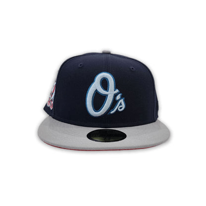 Navy Blue Baltimore Orioles Gray Visor Red Bottom 50th Anniversary Side Patch New Era 59Fifty Fitted