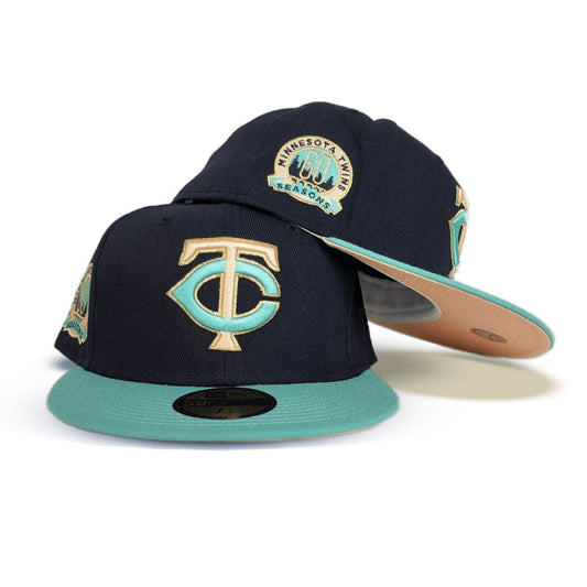 Navy Blue Minnesota Twins Mint Visor Peach Bottom 60th Anniversary Side Patch New Era 59Fifty Fitted