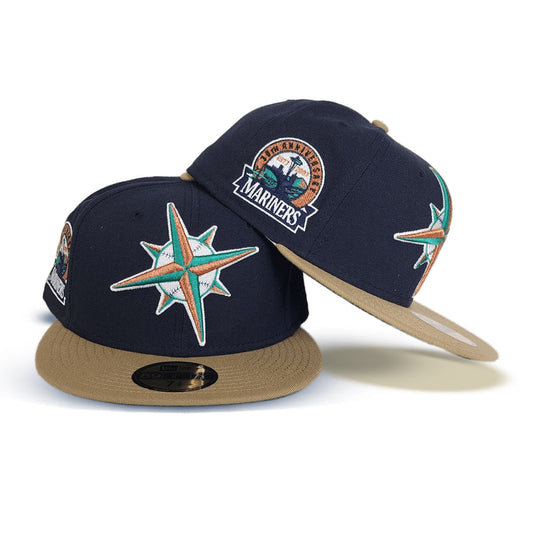 Navy Blue Seattle Mariners Khaki Visor Green Bottom 30th Anniversary Side Patch New Era 59Fifty Fitted