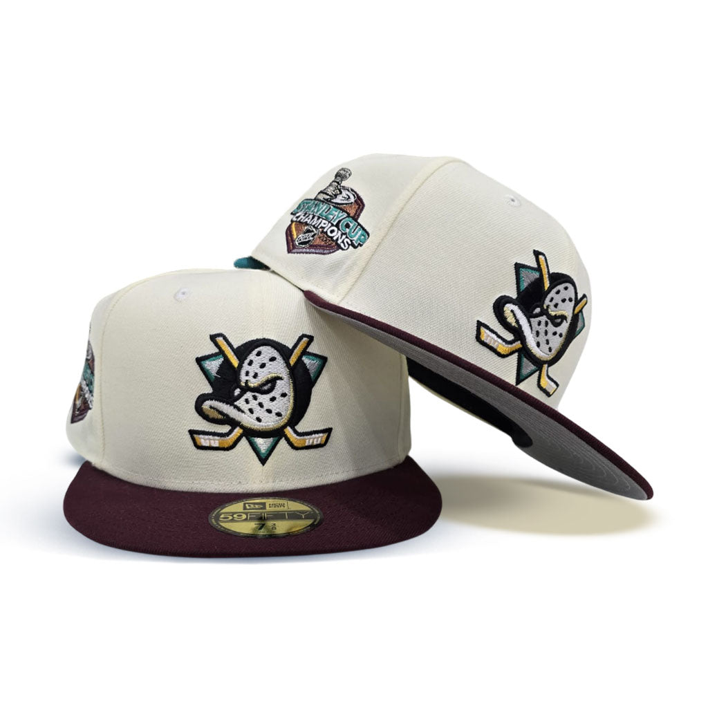 Off White Anaheim Mighty Ducks Maroon Visor Gray Bottom 2007 Stanley Cup Champions Side Patch New Era 59Fifty Fitted
