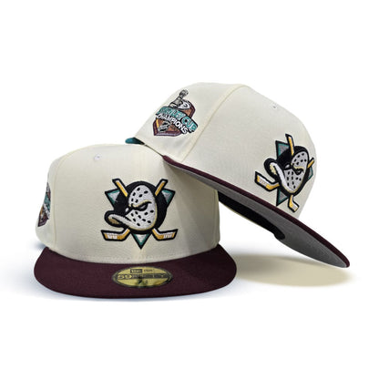 Off White Anaheim Mighty Ducks Maroon Visor Gray Bottom 2007 Stanley Cup Champions Side Patch New Era 59Fifty Fitted