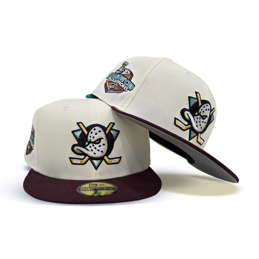 Off White Anaheim Mighty Ducks Maroon Visor Gray Bottom 2007 Stanley Cup Champions Side Patch New Era 59Fifty Fitted